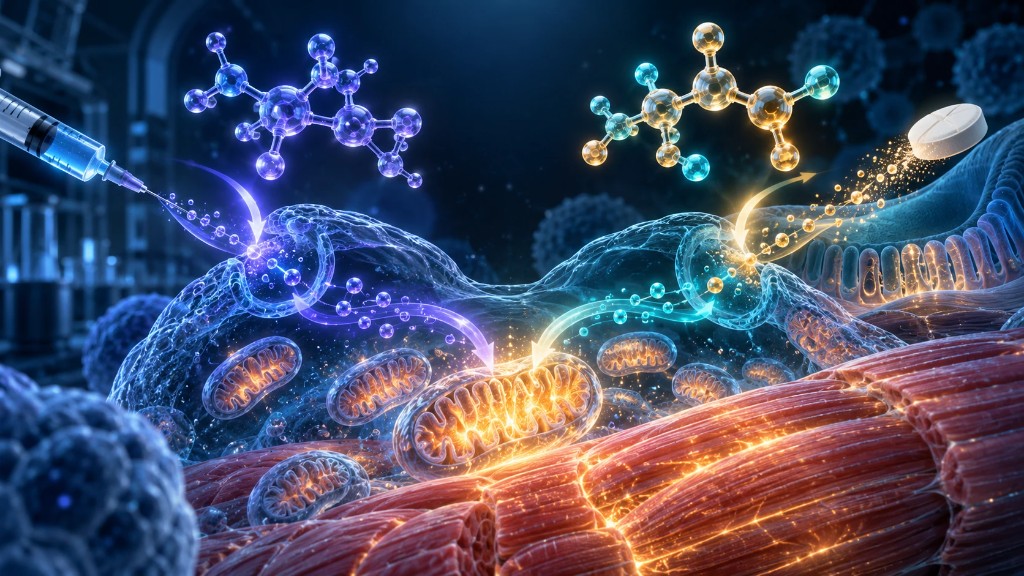 Scientific illustration of mitochondria in muscle tissue, with a syringe and an oral tablet representing injectable SLU-PP-332 versus oral SLU-PP-915.