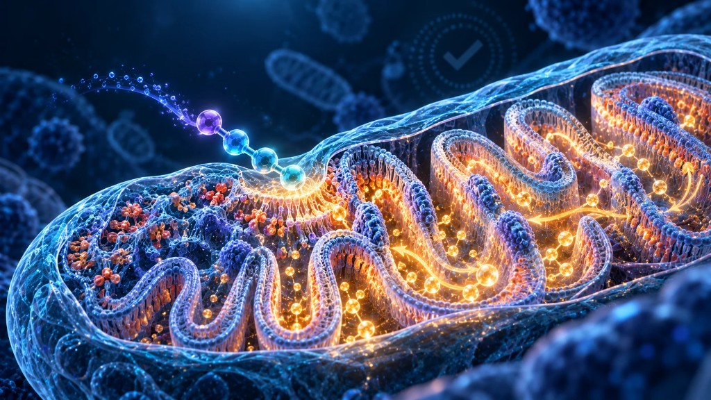 Illustration of a mitochondrion with a four-residue peptide binding the inner membrane, representing SS-31 targeting cardiolipin.