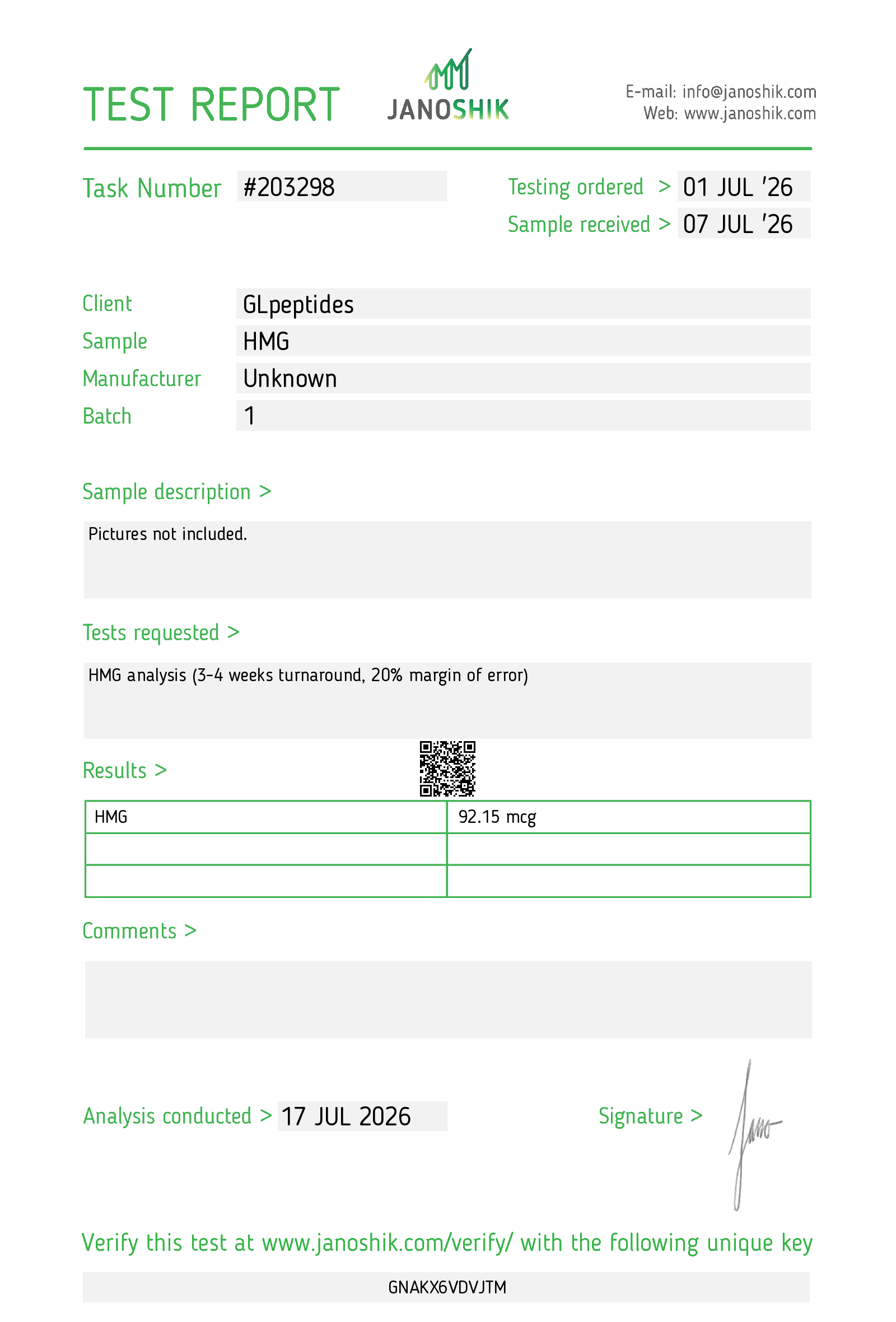 Janoshik test report for HMG | 75iu