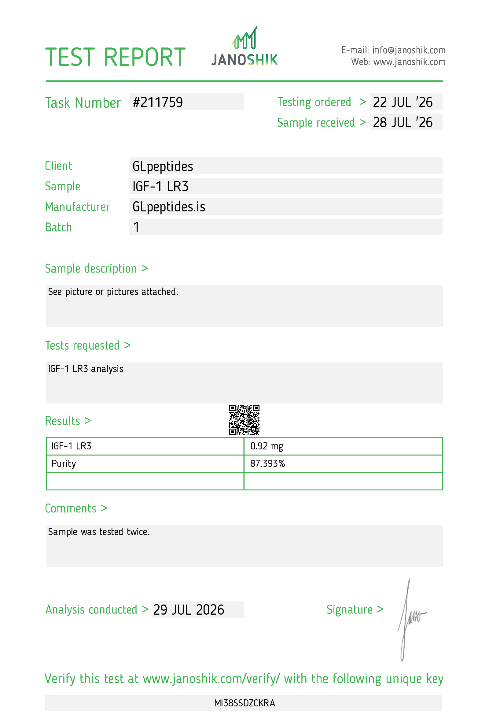 Janoshik test report for IGF-1 LR3 | 1mg