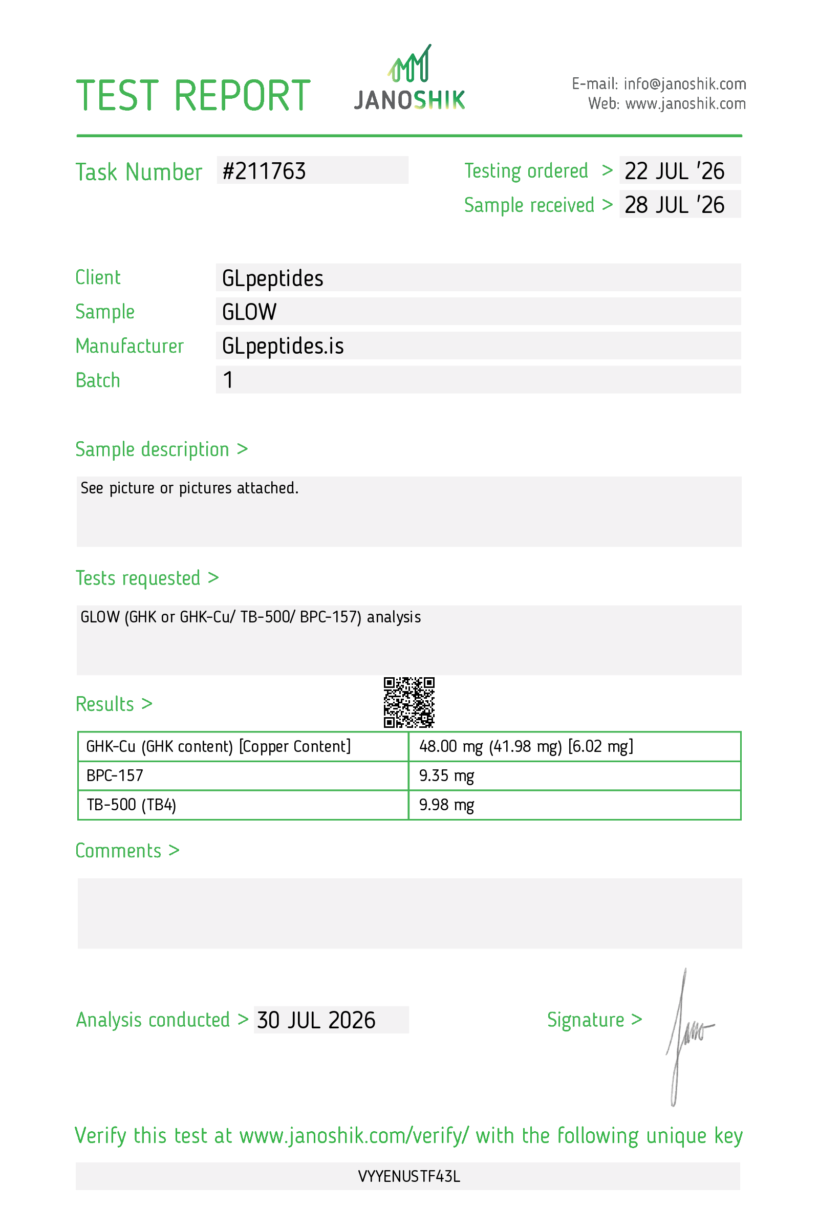 Janoshik test report for Glow Blend | 70mg