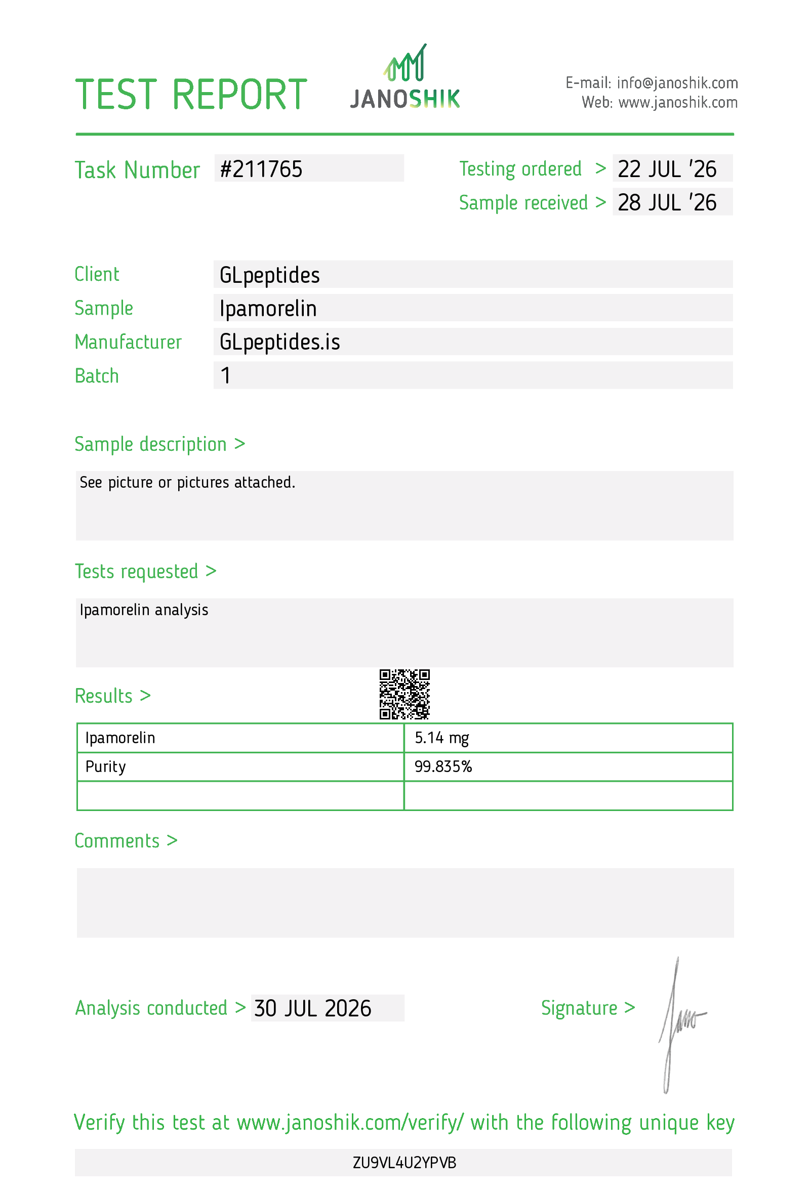 Janoshik test report for Ipamorelin | 10mg