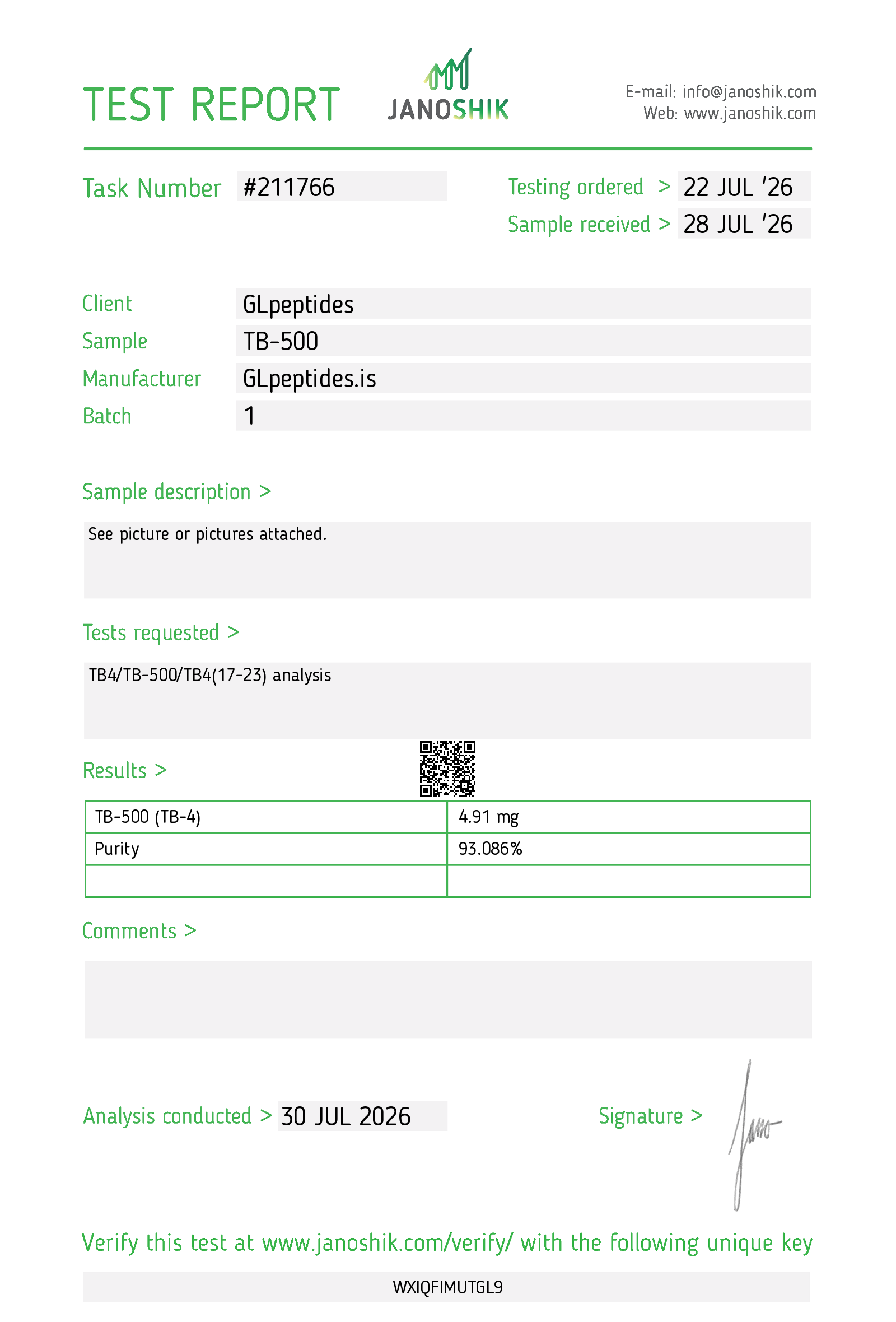 Janoshik test report for TB-500