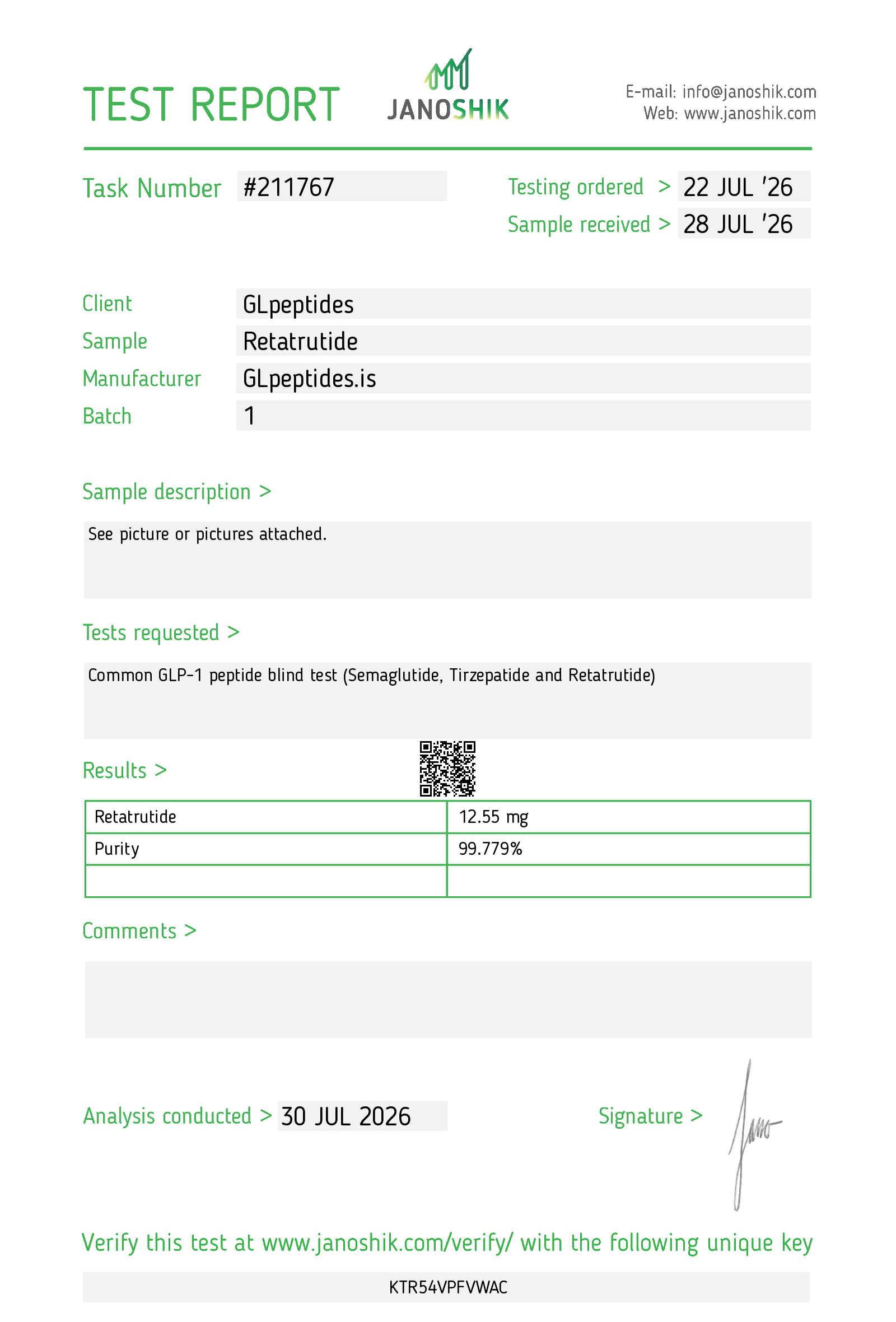 Janoshik test report for Retatrutide