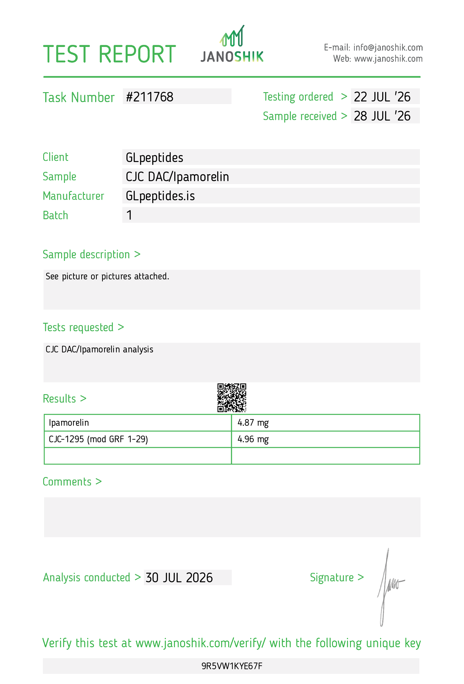 Janoshik test report for CJC-1295 (No DAC) | 5mg Vial