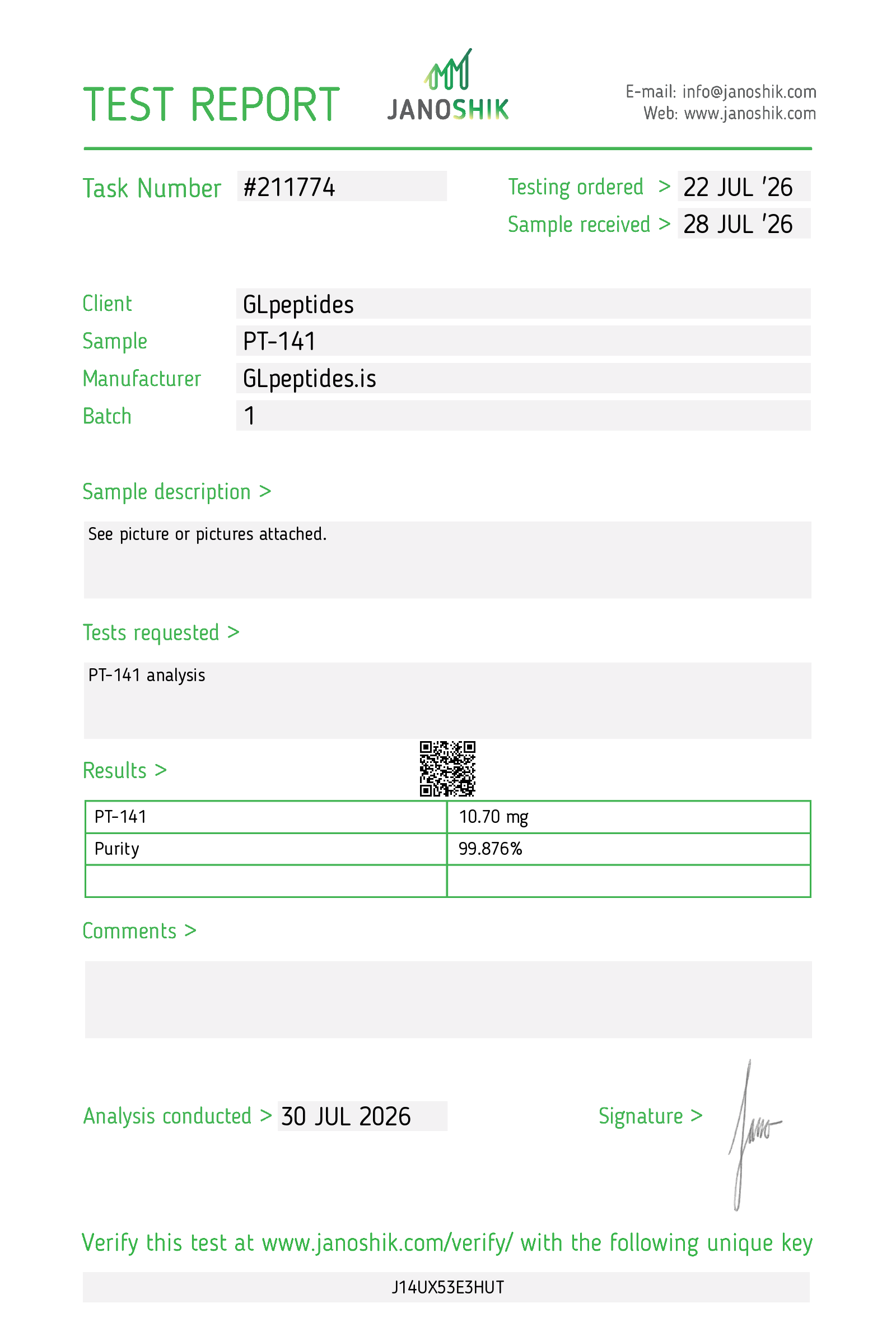 Janoshik test report for PT-141 | 10mg