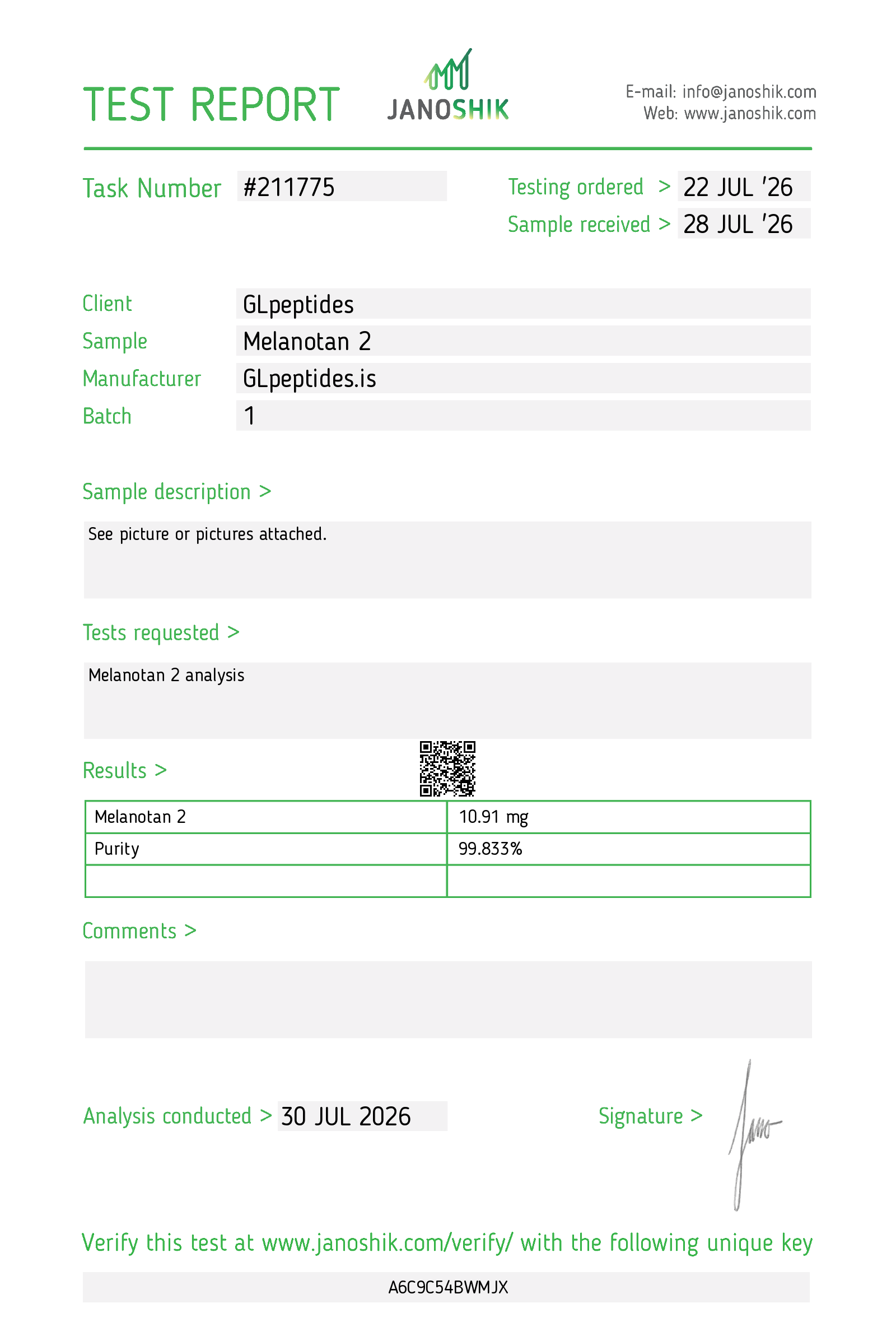 Janoshik test report for MT-2 | 10mg