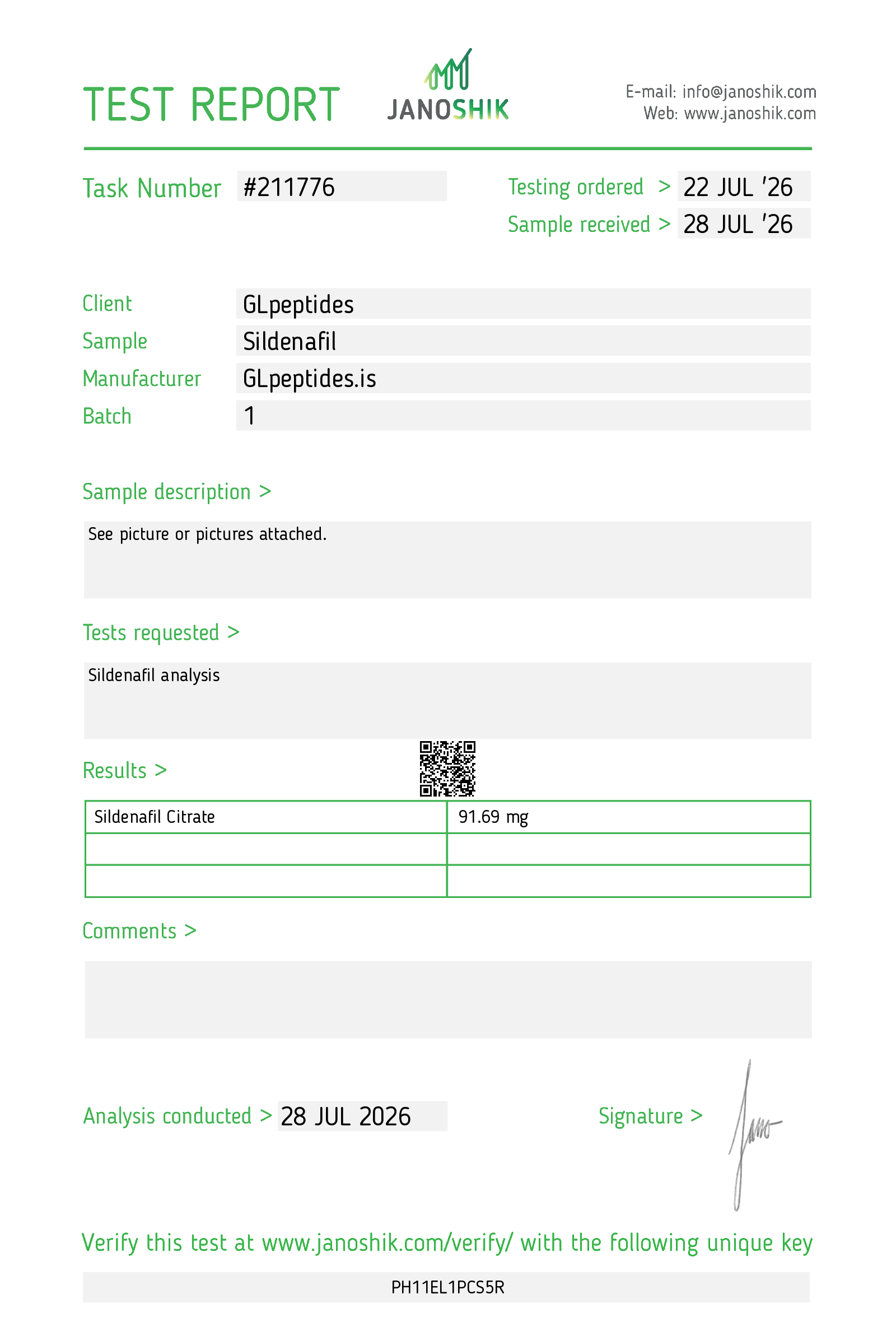 Janoshik test report for Sildenafil | 100mg X 60
