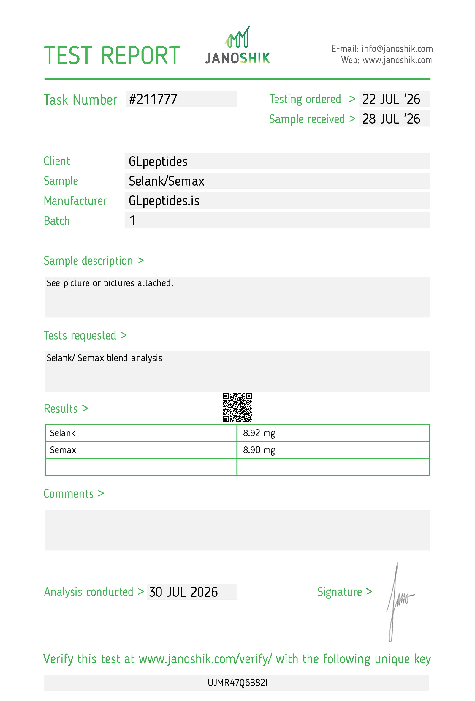 Janoshik test report for Semax & Selank Blend | 20mg
