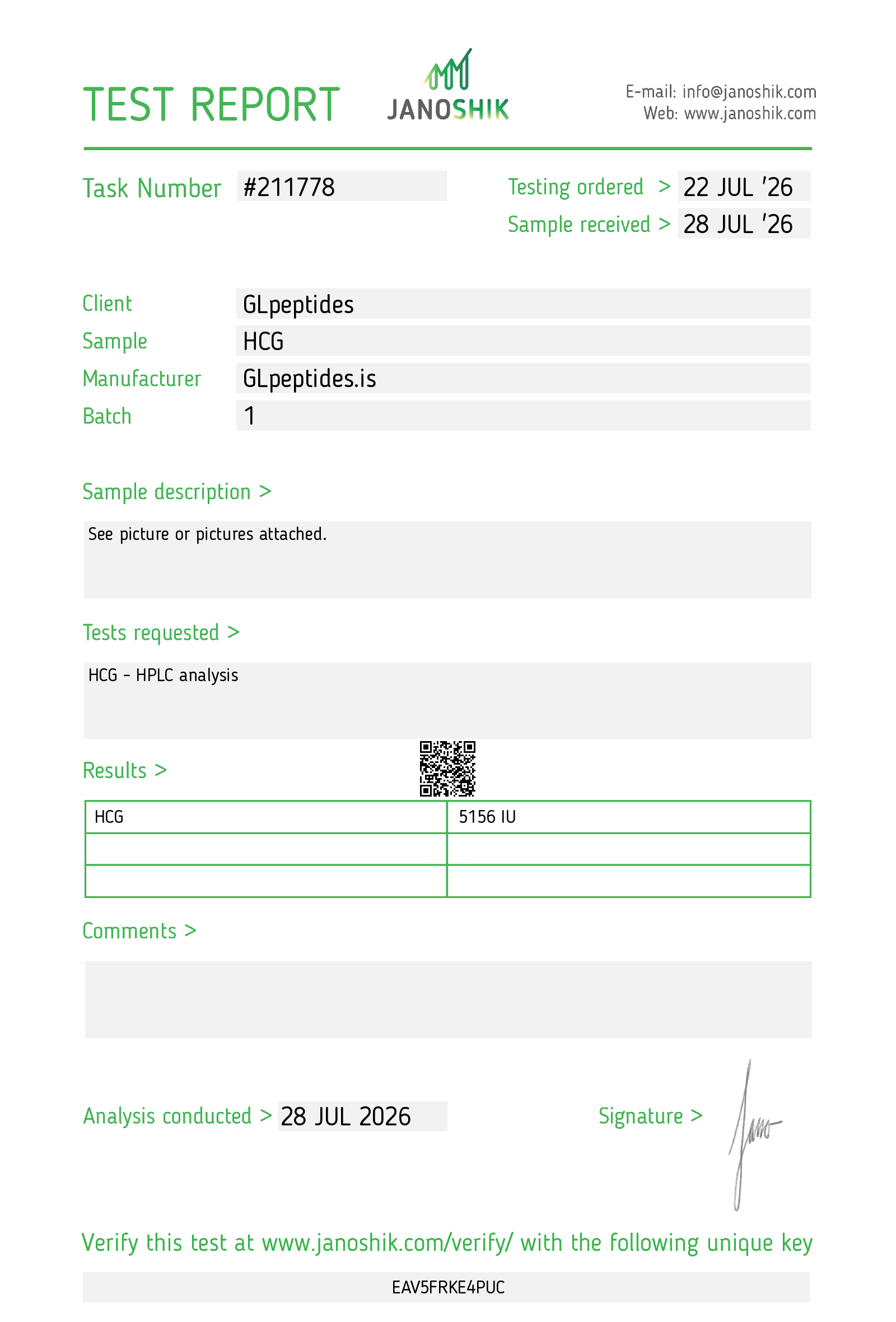 Janoshik test report for HCG | 10,000iu