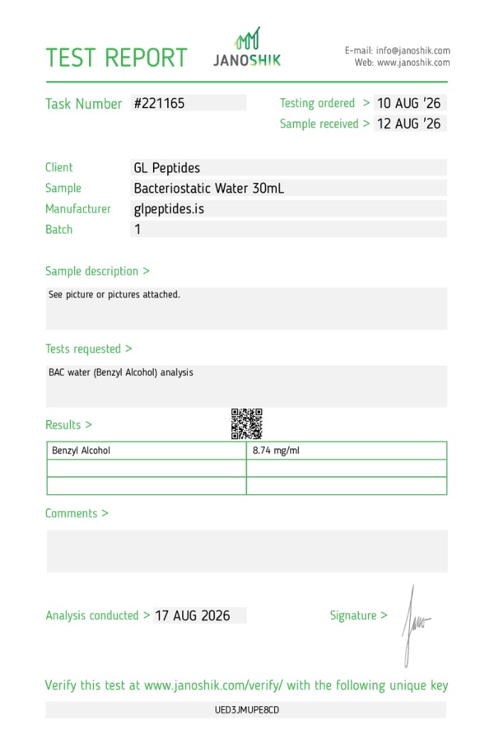 Janoshik test report for BAC Water | 30ml