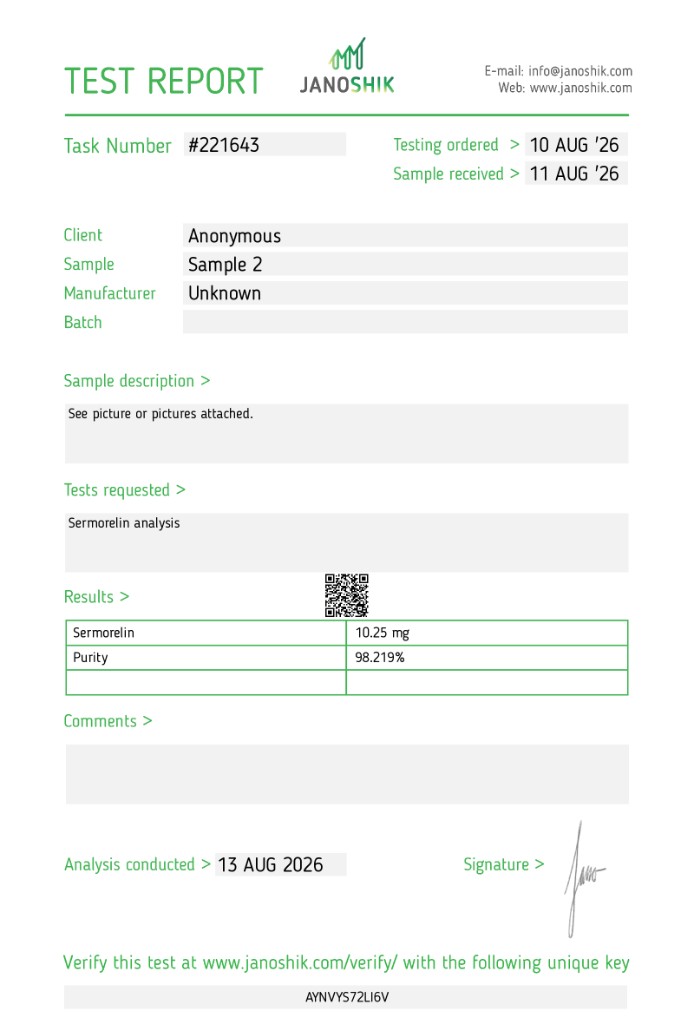 Janoshik test report for Sermorelin | 10mg