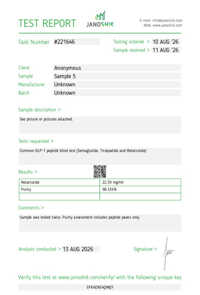 Janoshik test report for Retatrutide 60mg Disposable Pen