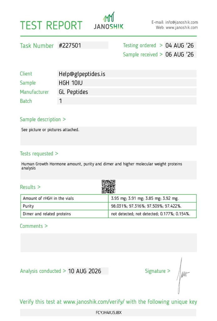 Janoshik test report for Human Growth Hormone | 10iu