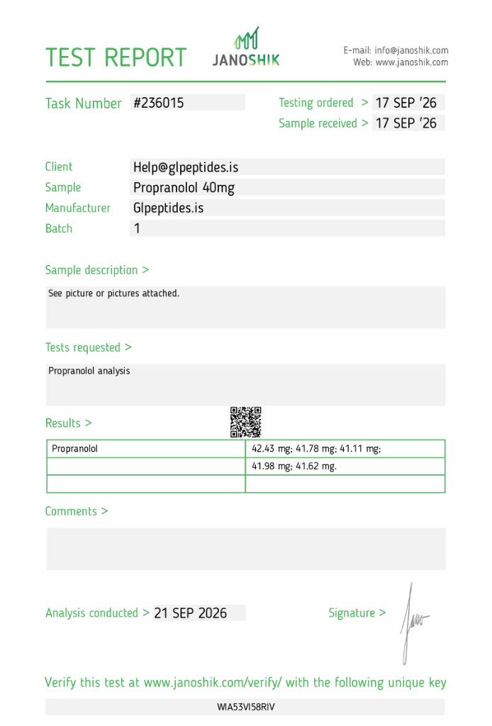 Janoshik test report for Propranolol | 40mg x 60