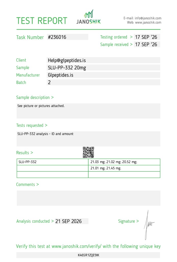 Janoshik test report for SLU-PP-332 | 20mg X 60