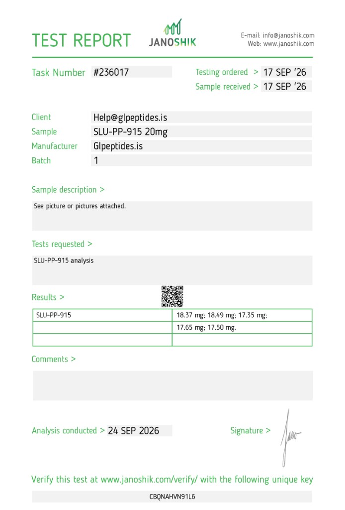 Janoshik test report for SLU-PP-915 | 20mg X 60