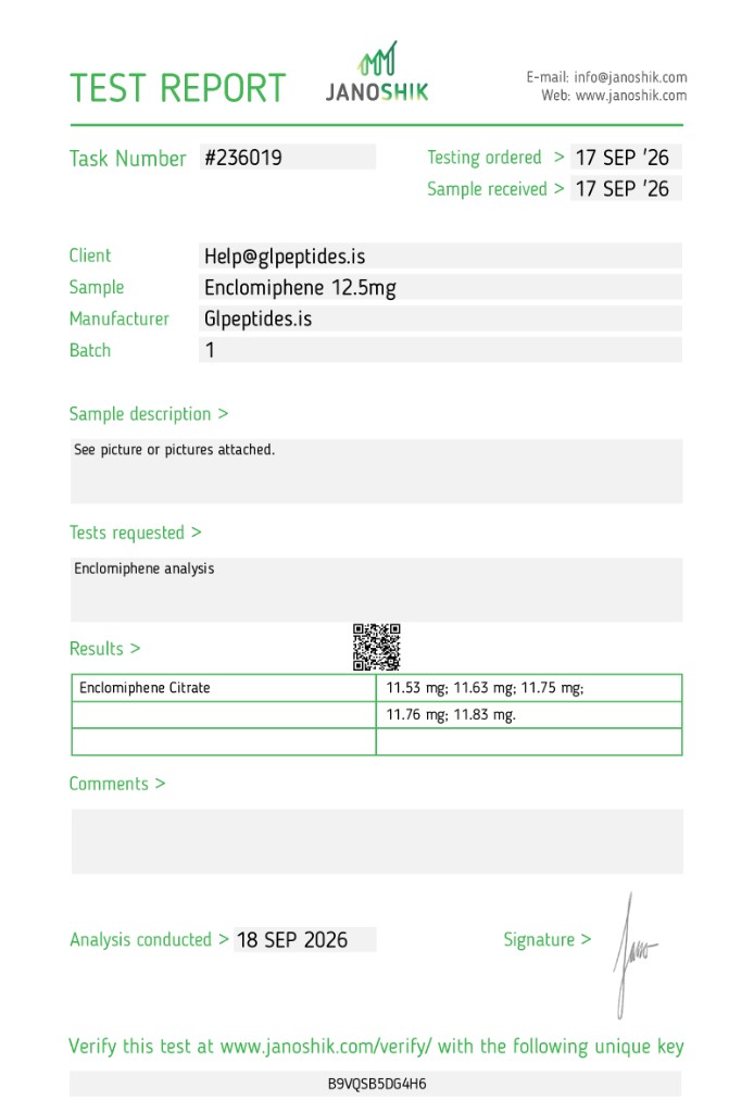 Janoshik test report for Enclomiphene Tablets | 12.5mg X 60